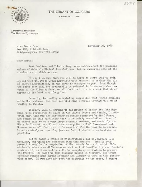 [Carta] 1969 Nov. 26, Washington, D.C., [EE.UU.] [a] Miss Doris Dana, Bridgehampton, N. Y., [EE.UU.]  [manuscrito] Howard F. Cline.