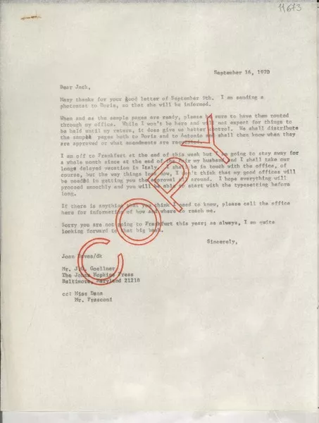 [Carta] 1970 Sept. 16, [Estados Unidos] [a] Mr. J. G. Goellner, The Johns Hopkins Press, Baltimore, Maryland.  [manuscrito] Joan Daves.