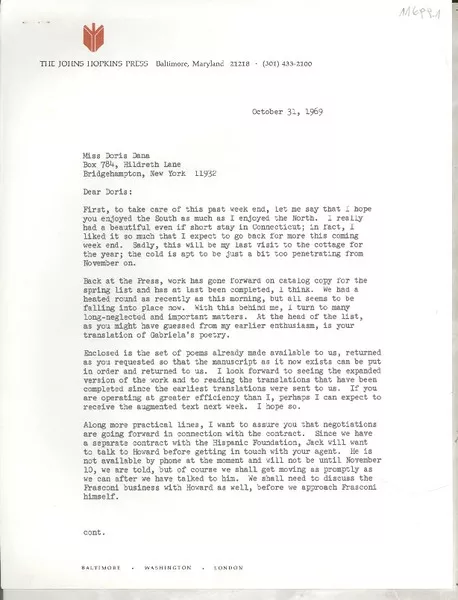 [Carta] 1969 Oct. 31, Baltimore, Maryland, [EE.UU.] [a] Miss Doris Dana, Bridgehampton, New York, [EE.UU.]  [manuscrito] Barbara Parmelee.