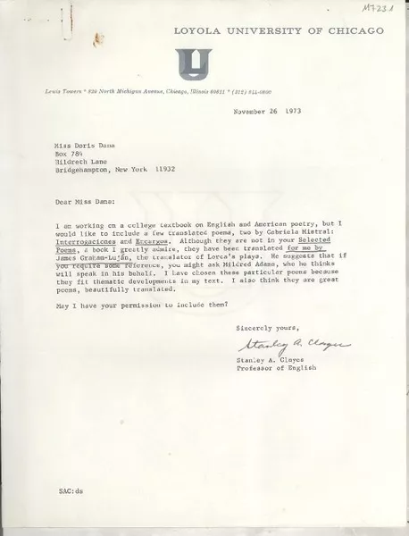 [Carta] 1973 Nov. 26, Chicago, Illinois, [EE.UU.] [a] Miss Doris Dana, Hildreth Lane, Bridgehampton, New York, [EE.UU.]  [manuscrito] Stanley A. Clayes.