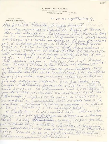[Carta] 1951 sept. [8?], Pittsburgh, Pennsylvania [a] Gabriela [Mistral]  [manuscrito] Pedro Juan Labarthe.