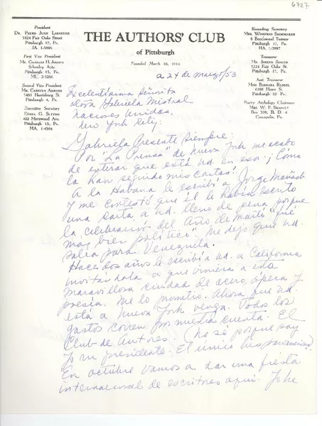 [Carta] 1953 mar. 24, Pittsburgh, [Pennsylvania] [a] Gabriela Mistral, New York  [manuscrito] Pedro Juan Labarthe.