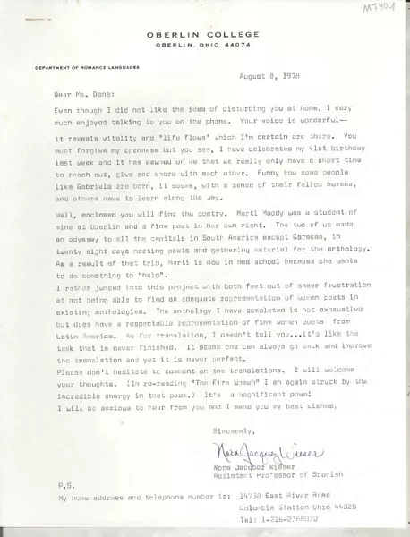 [Carta] 1978 Aug. 8, Oberlin, Ohio, [EE.UU.] [a] Dear Ms. [Doris] Dana, [EE.UU.]  [manuscrito] Nora Jacquez Wieser.