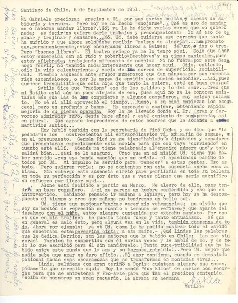 [Carta] 1951 sept. 5, Santiago, [Chile] [a] Gabriela [Mistral]  [manuscrito] Matilde [Ladrón de Guevara].