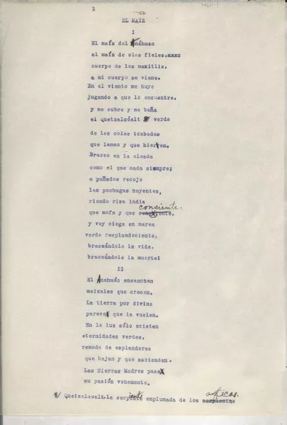 El maíz  [manuscrito] Gabriela Mistral.