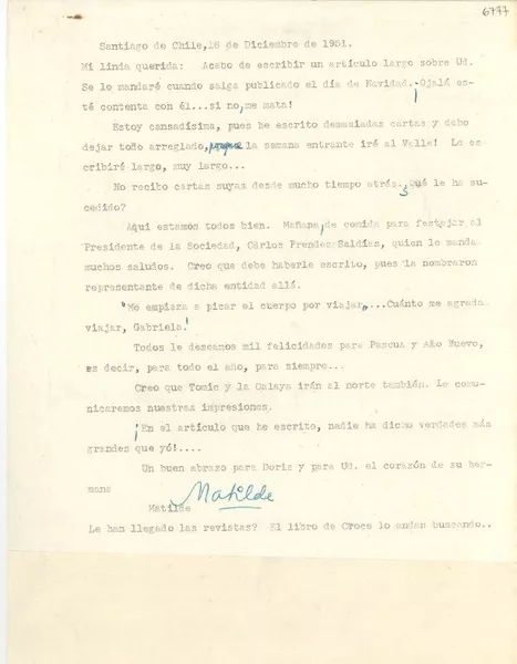 [Carta] 1951 dic. 16, Santiago, Chile [a] [Gabriela Mistral]  [manuscrito] Matilde [Ladrón de Guevara].