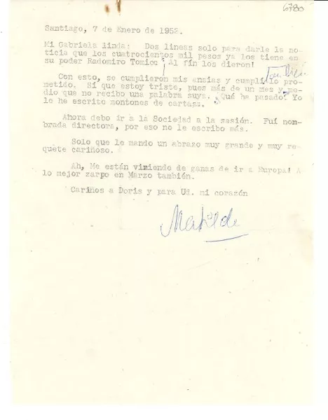 [Carta] 1952 ene. 7, Santiago, [Chile] [a] Gabriela [Mistral]  [manuscrito] Matilde [Ladrón de Guevara].