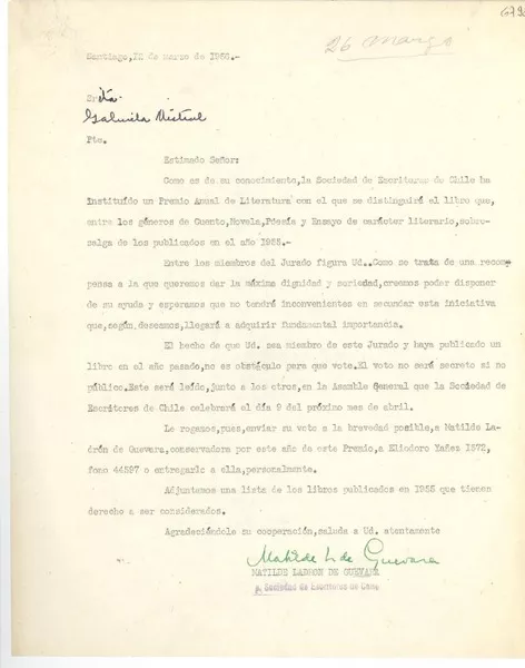 [Carta] 1956 mar. 12, Santiago [a] Gabriela Mistral  [manuscrito] Matilde Ladrón de Guevara.