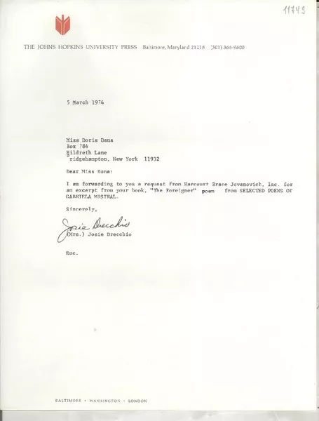 [Carta] 1974 Mar. 5, [Baltimore, Maryland, Estados Unidos] [a] Miss Doris Dana, Box 784 Hildreth Lane, Bridgehampton, New York  [manuscrito] (Mrs.) Josie Drecchio.