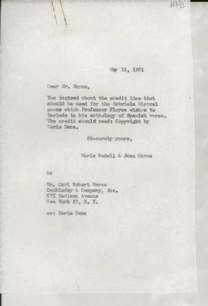 [Carta] 1961 May 11, [EE.UU.] [a] Mr. Carl Robert Morse, Doubleday & Company, Inc., New York, N. Y., [EE.UU.]  [manuscrito] Marie Rodell and Joan Daves.