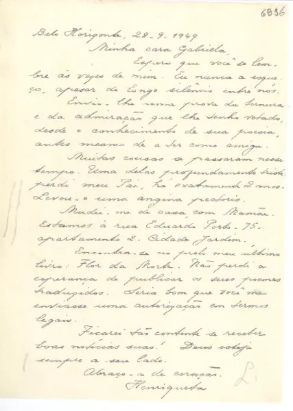 [Carta] 1949 sept. 28, Belo Horizonte, [Brasil] [a] Gabriela Mistral  [manuscrito] Henriqueta Lisboa.