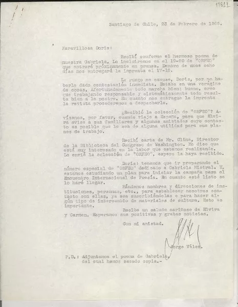 [Carta] 1966 feb. 23, Santiago de Chile [a] Maravillosa Doris  [manuscrito] Jorge Vélez.
