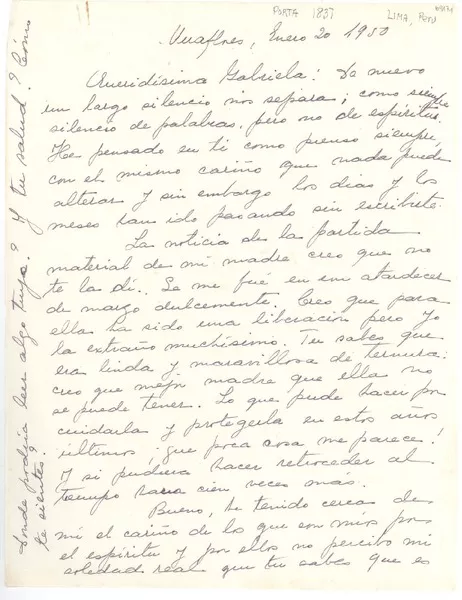[Carta] 1950 ene. 20, Miraflores, [Perú] [a] Gabriela [Mistral]  [manuscrito] Teresa María [Llona].