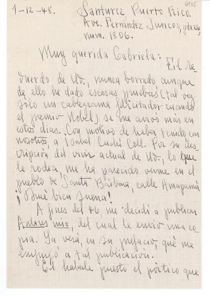 [Carta] 1948 dic. 1, Santurce, Puerto Rico [a] Gabriela [Mistral], [Santa Bárbara, EE.UU.]  [manuscrito] L[uis] Llorens Torres.