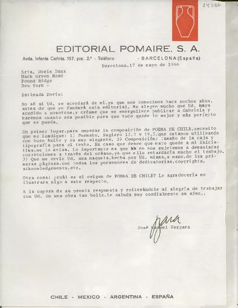 [Carta] 1966 mayo 17, Barcelona, España [a] Doris Dana, Hack Green Road, Pound Ridge, New York, [EE.UU.]  [manuscrito] José Manuel Vergara.