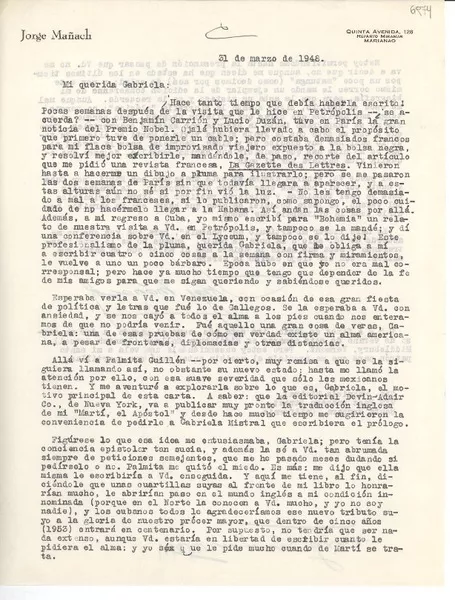 [Carta] 1948 mar. 31, [Cuba?] [a] Gabriela Mistral, Santa Barbara, California, [EE.UU.]  [manuscrito] Jorge Mañach.
