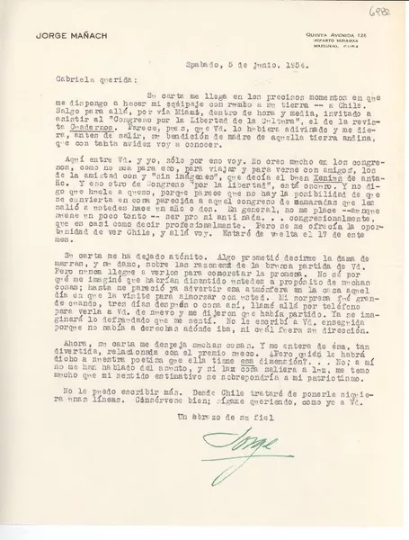 [Carta] 1954 jun. 5, Cuba [a] Gabriela [Mistral]  [manuscrito] Jorge [Mañach].