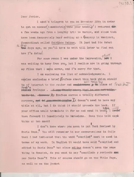 [Carta] [Estados Unidos [a] Dear Javier  [manuscrito] Doris Dana.