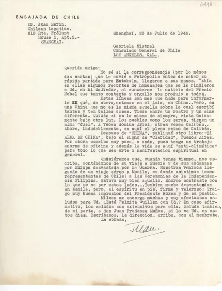 [Carta] 1946 jul. 23, Shangai, [China] [a] [Gabriela Mistral]  [manuscrito] Juan Marín.