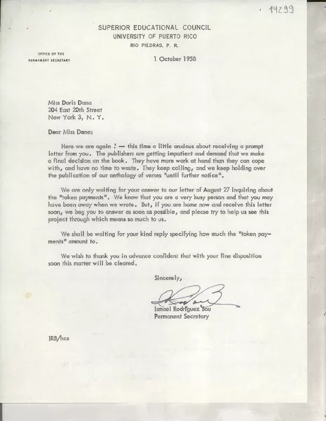 [Carta] 1958 Oct. 1, [Rio Piedras, Puerto Rico] [a] Miss Doris Dana, New York, N. Y.  [manuscrito] Ismael Rodríguez Bou.
