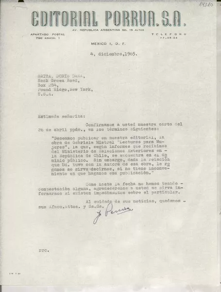 [Carta] 1965 dic. 4, Av. República Argentina, México D.F., México [a la] Srita. Doris Dana, Hack Green Road, Pound Ridge, New York, [EE.UU.]  [manuscrito] José Antonio Pérez Porrúa.