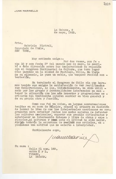 [Carta] 1953 mayo 8, La Habana [a] Gabriela Mistral, New York  [manuscrito] Juan Marinello.