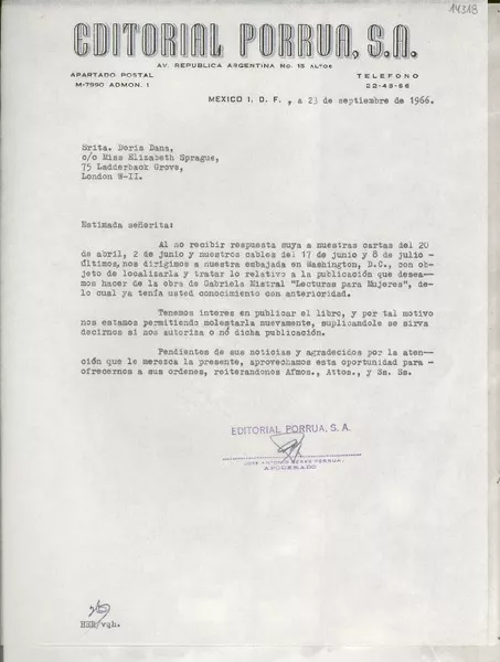 [Carta] 1966 sept. 23, Av. República Argentina, México D.F., México [a la] Srita. Doris Dana, 75 Ladderback Grove, London WII, [England]  [manuscrito] José Antonio Pérez Porrúa.