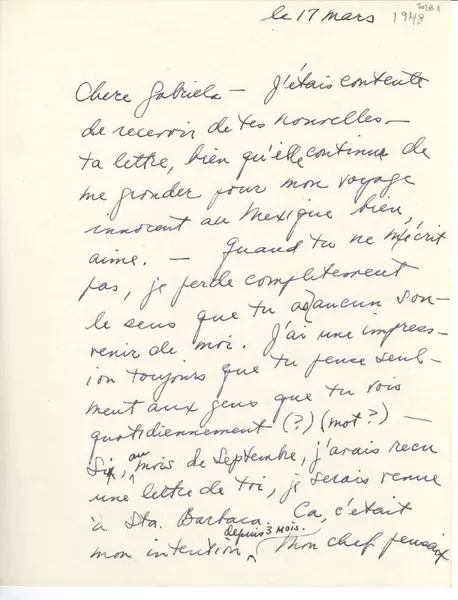 [Carta] [1948] mars 17, [EE.UU.] [a] Gabriela [Mistral]  [manuscrito] [Frances Mason].