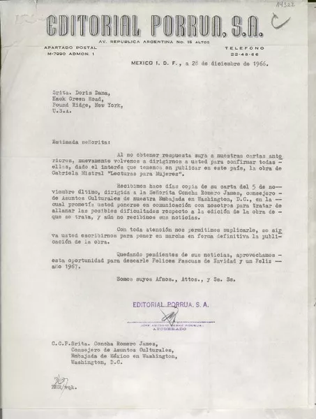 [Carta] 1966 dic. 28, Av. República Argentina, México D.F., México [a la] Srita. Doris Dana, Hack Green Road, Pound Ridge, New York, [EE.UU.]  [manuscrito] José Antonio Pérez Porrúa.