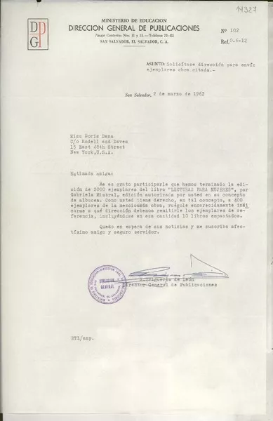 [Carta] 1962 mar. 2, San Salvador, [El Salvador] [a] Srita. Doris Dana, New York, U. S. A.  [manuscrito] R. Trigueros de León.