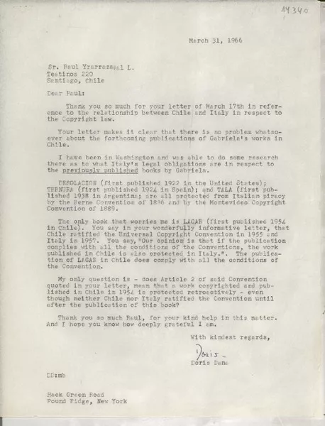 [Carta] 1966 Mar. 31, Hack Green Road, Pound Ridge, New York, [EE.UU.] [al] Sr. Raúl Yrarrazaval L., Teatinos, Santiago, Chile  [manuscrito] Doris Dana.