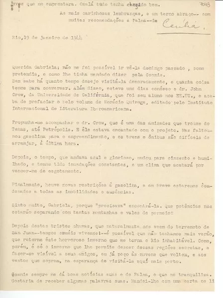 [Carta] 1944 jan. 19, Rio, [Brasil] [a] Gabriela [Mistral]  [manuscrito] Cecilia [Meireles].