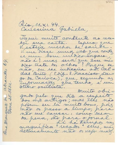 [Carta] 1944 nov. 11, Rio [de Janeiro], [Brasil] [a] Gabriela [Mistral]  [manuscrito] Murílo [Mendes].