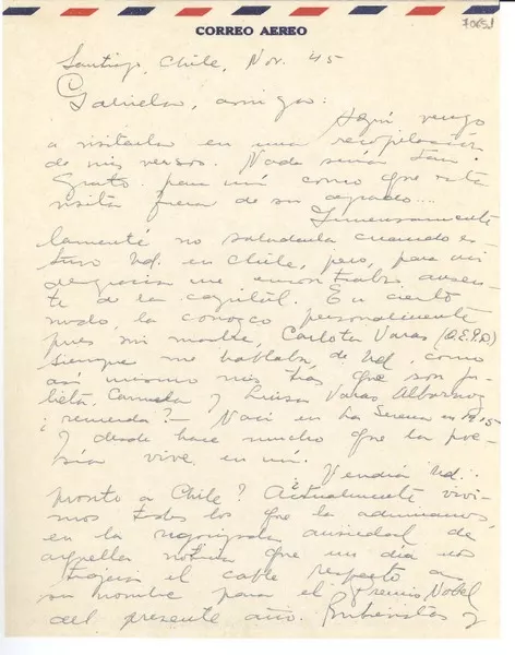 [Carta] 1945 nov., Santiago, Chile [a] Gabriela Mistral  [manuscrito] María Cristina Menares.