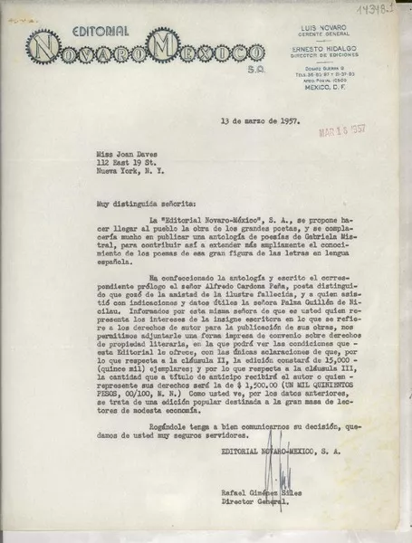[Carta] 1957 mar. 13, [México D. F.] [a] Miss Joan Daves, 112 East 19 St., Nueva York, N. Y.  [manuscrito] Rafael Giménez Siles.