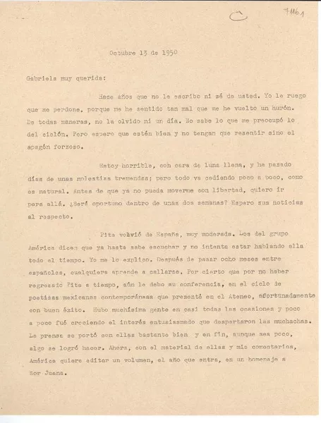 [Carta] 1950 oct. 13, [México] [a] Gabriela [Mistral]  [manuscrito] Margarita [Michelena].