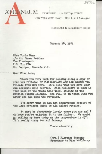 [Carta] 1973 Jan. 18, 122 East 42 street, New York City 10017, [EE.UU.] [a] Miss Doris Dana, co Mr. James Needham, The Flamboyant, P.O. Box 214, St. Georges, Grenada, W.I.  [manuscrito] / Florence Sczesny.