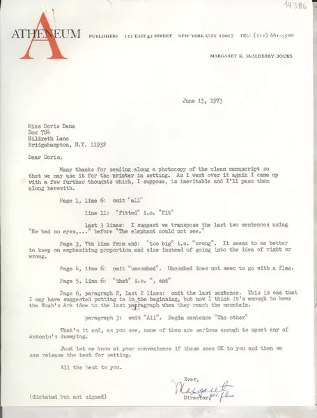[Carta] 1973 June 15, 122 East 42 street, New York City 10017, [EE.UU.] [a] Miss Doris Dana, Box 784, Hildreth Lane, Bridgehampton, N. Y. 11932, [EE.UU.]  [manuscrito] Margaret K. McElderry.