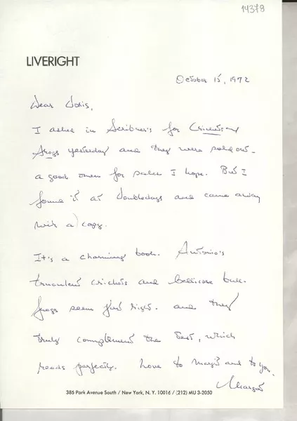 [Carta] 1972 Oct. 15, [New York, Estados Unidos] [a] Dear Doris  [manuscrito] Margaret K. McElderry.