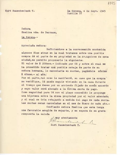 [Carta] 1945 sept. 4, La Serena [a] Emelina vda. de Barraza  [manuscrito] Kurt Rauschenbach T.
