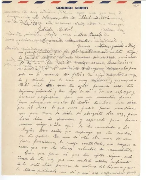 [Carta] 1946 abr. 24, La Serena, [Chile] [a] Gabriela Mistral  [manuscrito] Emelina [Molina].