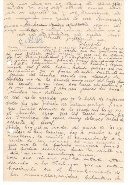 [Carta] 1944 mar. 14, La Serena [a] Palma Guillén, Petrópolis  [manuscrito] Emelina Molina.