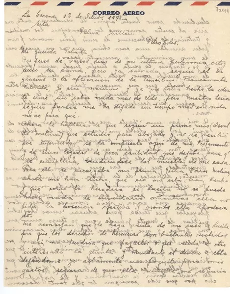 [Carta] 1945 oct. 1, La Serena, [Chile] [a] Palma Guillén, Petrópolis, [Brasil]  [manuscrito] Emelina [Molina].