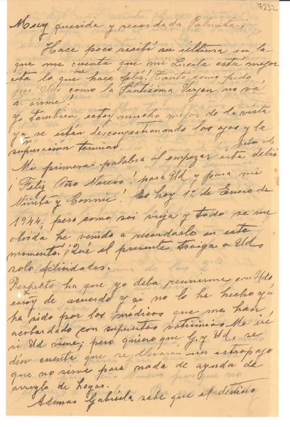 [Carta] [1944 ene. 1], [La Serena, Chile] [a] [Palma Guillén]  [manuscrito] Eme[lina Molina].