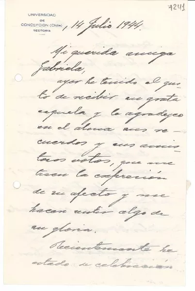 [Carta] 1944 jul. 14, Concepción [a] Gabriela Mistral  [manuscrito] Enrique Molina.