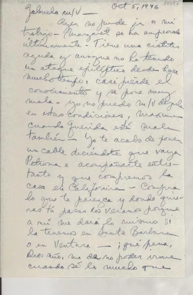 [Carta] 1946 oct. 5 [a] Gabriela [Mistral]  [manuscrito] [Consuelo Saleva].