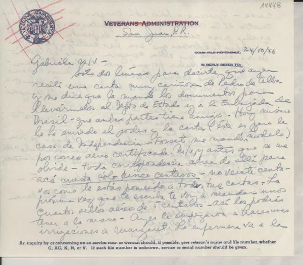 [Carta] 1946 oct. 24, San Juan, Puerto Rico [a] Gabriela [Mistral]  [manuscrito] [Consuelo Saleva].
