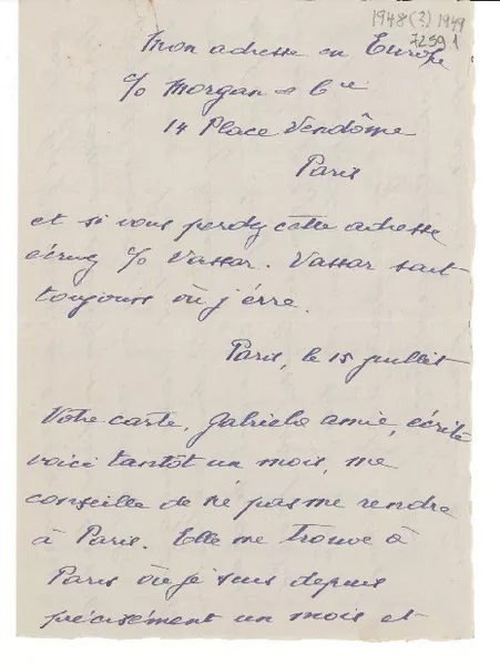 [Carta] 1948 jul. 15, París [a] Gabriela Mistral  [manuscrito] Mathilde Monnier.