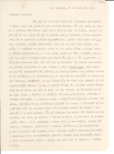 [Carta] 1949 mar. 28, Los Angeles, [EE.UU.] [a] Gabriela [Mistral]  [manuscrito] Vinicius [de Moraes].