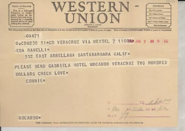 [Telegrama] 1949 ene. 7, Veracruz, [México] [a] Eda Ramelli, 512 East Arrellaga, Santa Barbara, Calif., [EE.UU.]  [manuscrito] [Consuelo Saleva].
